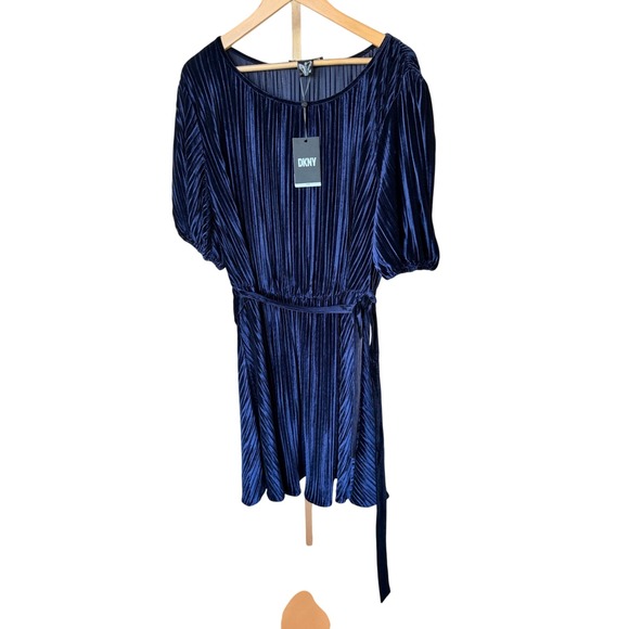 DKNY Womens Plus Size 20W Navy Blue Velvet Pleated Midi Dress Belted - Picture 1 of 7